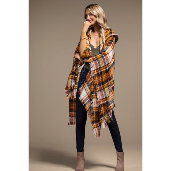 SOLD OUT Mochachino Knit Plaid Hooded Hoodie Open Fringe Ruana Wrap Fall Casual - Picture 4 of 6